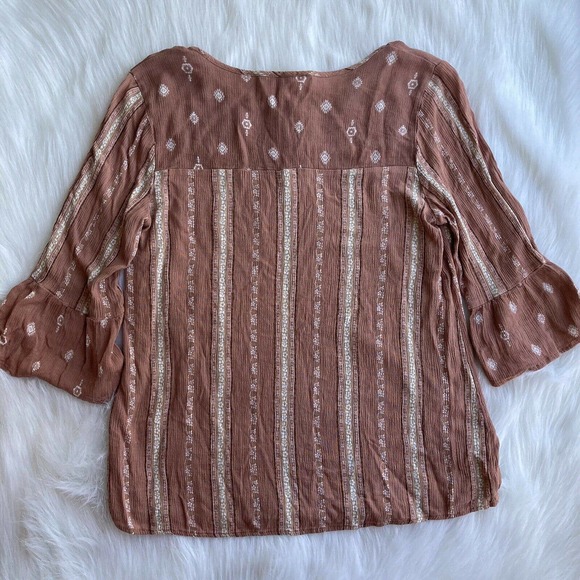 Tutta Bella Maternity Blouse Sz M 3/4 Flared Sleeve Peasant Hippie Boho Neutral - Picture 6 of 6